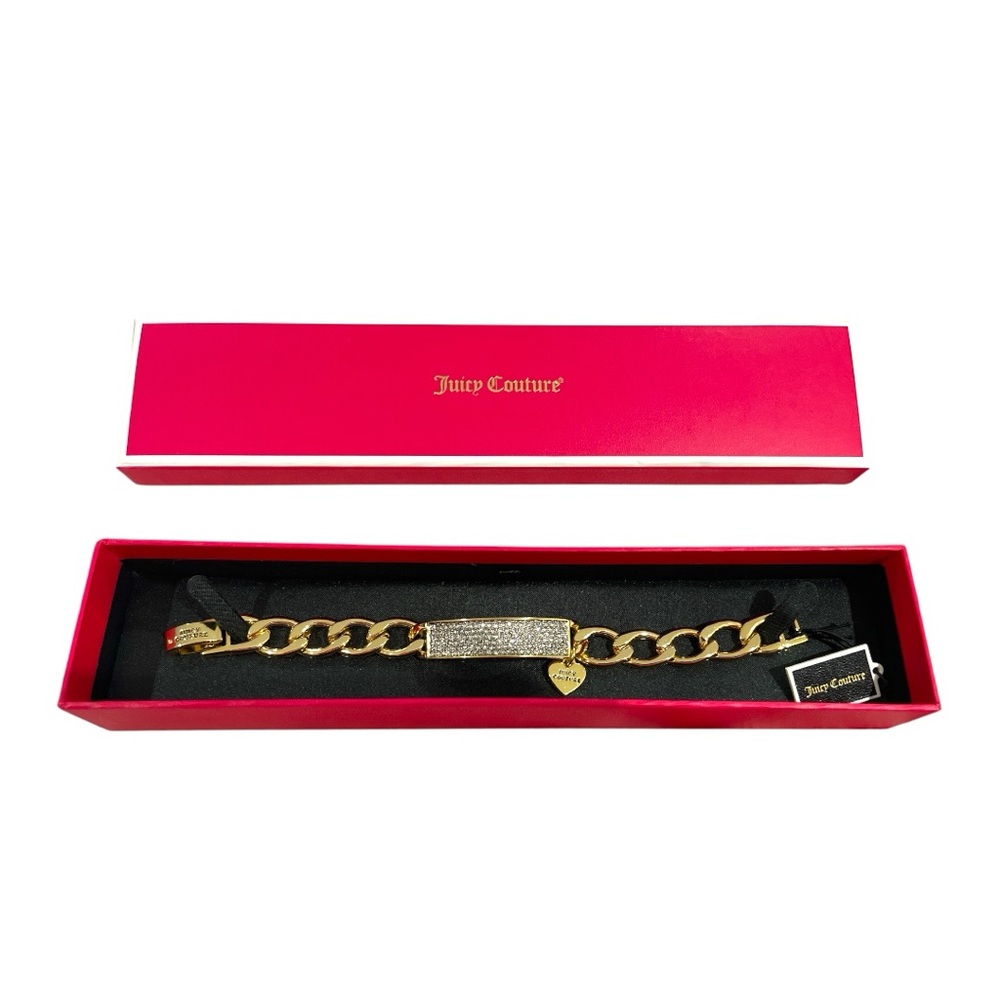 Juicy Couture Gold Cuban Link Chain ID Bracelet with Clear Crystal Details
